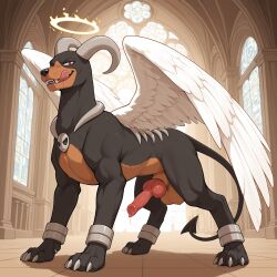 ai_generated anatomically_correct anatomically_correct_genitalia anatomically_correct_penis angel angelical_halo animal_genitalia animal_penis aroused athletic athletic_male balls big_balls bodily_fluids canine_genitalia canine_penis cathedral claws dominant dominant_feral dominant_male dripping drooling erection evil_grin fangs feathered_wings feathers feral front_view generation_2_pokemon genitals grin grinning_at_viewer halo hi_res houndoom imminent_rape inside knot licking licking_lips looking_at_viewer low-angle_view male nintendo penis pokemon pokemon_(species) pupils rape_face red_eyes religion saliva saliva_drip sheath showing_teeth side_view slit_pupils smile solo tail teeth tongue tongue_out wildclaw666 window wings
