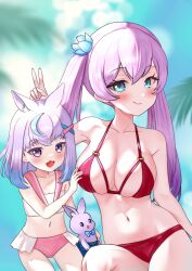 beach bikini blue_eyes flower_in_hair hair hispanic_virtual_youtuber hyogayome indie_virtual_youtuber kyria_vtuber purple_eyes purple_hair swimsuit vtuber vtuberfanart white_body