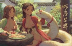 2girls animal bigrbear black_hair breasts brown_hair chinese_zodiac dress food highres looking_at_another looking_at_viewer medium_breasts multiple_girls new_year nipples original pussy red_eyes sitting snake uncensored year_of_the_snake