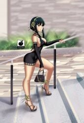 1girls black_dress black_hair breasts detached_sleeves dress earrings flower_hairband hairband hairbun handbag high_heels holding_handbag holding_purse hoop_earrings large_breasts linkartoon milf purse railing red_eyes spy_x_family stairs yor_briar yor_forger