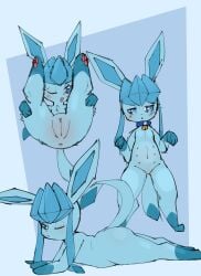 2025 absurd_res anus bell bell_collar blue_body blue_eyes blush blush_lines body_blush collar collar_only colored cute_fangs digital_drawing_(artwork) digital_media_(artwork) dipstick_tail eeveelution fangs female feral generation_4_pokemon genitals glaceon guide_lines hi_res leg_markings looking_at_viewer lying markings multi_nipple navel nintendo nipples nude on_front on_hind_legs one_eye_closed open_mouth pawpads paws pokemon pokemon_(species) presenting presenting_pussy pussy pussy_blush quadruped raised_leg socks_(marking) solo tail tail_markings teeth yirus9