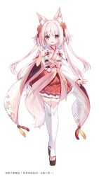 1girl absurdres animal_ear_fluff animal_ears black_sandals bow female female_only flower fox_ears fox_girl fox_tail frilled_skirt frills full_body hair_flower hair_ornament highres japanese_clothes kimono long_hair long_sleeves natsuki_marina obi pink_bow pink_hair platform_sandals pleated_skirt purple_eyes red_flower red_skirt sandals sash simple_background skirt solo standing standing_on_one_leg tail thighhighs two_side_up very_long_hair white_background white_kimono white_thighhighs wide_sleeves zouri