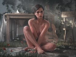 1girls 3d 3d_(artwork) acoustic_guitar areolae breasts brown_hair detailed_background ellie_(the_last_of_us) ellie_williams female female_focus female_only flowers grass guitar hi_res high_resolution highres looking_at_viewer naked naughty_dog nude short_hair solo solo_focus tattoo the_last_of_us the_last_of_us_2 waywardsfm