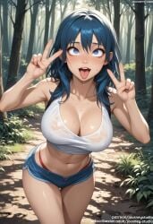 ahe_gao ai_generated bangs bare_arms bare_shoulders blue_eyes blue_hair blue_shorts blush breasts byleth_(female)_(fire_emblem) byleth_(fire_emblem) byleth_(jehanna)_(fire_emblem_(female) clavicle cleavage clothing cowboy_shot crop_top cutoffs day denim denim_shorts double_v female female female_only fire_emblem fire_emblem:_the_sacred_stones fire_emblem:_three_houses fire_emblem_heroes forest grass hair_between_eyes jousneystudio large_breasts long_hair looking_at_viewer medium_breasts medium_hair midriff nature navel nintendo nipples open_mouth original outdoors patreon_username plant red_panties saliva see-through shiny shiny_skin shirt short_shorts shorts sleeveless sleeveless_shirt smile solo standing stomach sweat tank_top teeth thick_thighs thigh_gap thighs thong tongue tongue_out tree underwear v watermark web_address wet wet_clothes white_shirt white_tank_top