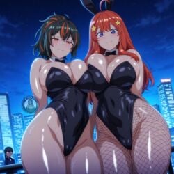 2girls ai_generated breasts bunny_ears bunnysuit female female_focus female_only go-toubun_no_hanayome large_breasts light-skinned_female light_skin looking_at_viewer nakano_itsuki thick_thighs thighs wide_hips yuukiai zenless_zone_zero zhu_yuan