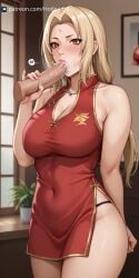 ai_generated blowjob breasts cheek_bulge china_dress chinese_new_year comic hotload-8 naruto naruto_(series) oral patreon petite pulling_out slim sloppy_blowjob sucking_penis tsunade wet_mouth