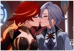 2girls 2milfs ai_generated arlecchino_(genshin_impact) genshin_impact girl_on_girl kissing lesbian_couple lesbian_kiss lovers mavuika_(genshin_impact) yuri yuri