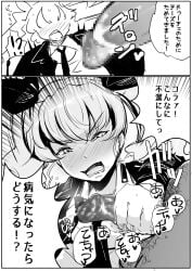 1boy 2koma anchovy blush censored cum female girls_und_panzer handjob monochrome penis pubic_hair takato_kurosuke