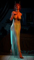 1_for_all 3d breasts dnd dungeons_and_dragons fallcosplay female invader_doomest lustful_gaze nixie_(1_for_all) pink_body seductive_look sheer_clothes tiefling