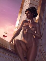 1girls absurd_res absurdres alcohol arcane areolae black_hair breasts completely_nude dark_skin dreadlocks earrings female female_only gold_jewelry hi_res highres jewelry krysdecker league_of_legends lipstick makeup mel_medarda nipples nude nude_female pussy riot_games shaved_pussy solo solo_female sunset thighs uncensored wine wine_glass