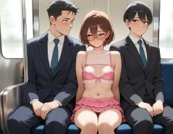 ai_generated embarrassed embarrassed_female exhibitionism exhibitionist lingerie lingerie_only public public_exposure public_humiliation public_indecency surrounded_by_men train_interior