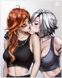 2girls 2milfs 2women ai_generated arlecchino_(genshin_impact) flirting genshin_impact kissing lesbian_couple lesbian_kiss looking_over_eyewear looking_over_sunglasses lovers mavuika_(genshin_impact) seductive sunglasses tinted_eyewear yuri