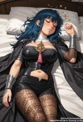 ai_generated armlet armor artist_name bangs bed bed_sheet belt black_cape black_coat black_legwear black_shorts blue_eyes blue_hair blush breasts brown_pantyhose bustier byleth byleth_(female) byleth_(female)_(fire_emblem) byleth_(fire_emblem) byleth_(jehanna)_(fire_emblem_(female) cape cleavage cleavage_cutout cloak closed_eyes closed_mouth clothing clothing_cutout coat coat_on_shoulders female female female_only fire_emblem fire_emblem:_fuukasetsugetsu fire_emblem:_the_sacred_stones fire_emblem:_three_houses fire_emblem_heroes floral_print gloves hair_between_eyes indoors jousneystudio large_breasts legwear legwear_under_shorts long_hair looking_at_viewer lying midriff navel navel_cutout nintendo on_back on_bed open_coat pantyhose pantyhose_under_shorts parted_lips pillow print_legwear shirt short_shorts short_sleeves shorts shoulder_armor sleeping solo tassel thighs turtleneck vambraces waist_cape