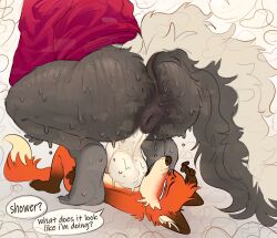 anthro anus bodily_fluids brown_body brown_fur canid canine clothing crossdressing crossdressing_(mtf) crossdressing_male crouching duo femboy fox fur gay gay_anal gay_male gay_sex genitals grey_body grey_fur hi_res homosexual homosexual_male homosexual_sex humanoid_genitalia humanoid_penis iamapoliceman lying male male/male male_only male_penetrated male_penetrating male_penetrating_male male_rimmed male_rimming male_rimming_male mammal mephitid multicolored_body multicolored_fur musk musky_butt on_back orange_body orange_fur penis rimming rimming_male simple_background skunk smelly soles squatting sweat sweater topwear topwear_lift