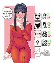 black_hair blush blush embarrassed fully_clothed medium_breasts red_dress red_eyes shy spy_x_family strip_game text text_bubble vokkiatnight wide_hips yor_forger