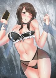 1girls alluring bikini brown_eyes brown_hair cleavage fatal_frame holding_camera keikei_(artist) kozukata_yuri multiple_hands restrained tecmo