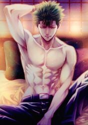 abs arm_up armpit cross_guilty gintama kawakami_bansai looking_at_viewer male male_only muscular muscular_male on_bed sitting smile solo spread_legs teal_hair toned toned_male topless topless_male yellow_eyes