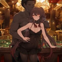 1boy ai_generated babydoll bangs bare_shoulders black_panties black_underwear blush breasts brown_hair cleavage closed_mouth clothing curtains dark-skinned_male dark_skin dress duxvector faceless faceless_male female female genshin_impact hair_between_eyes hair_ornament half-closed_eyes hand_on_hip height_difference hu_tao_(genshin_impact) indoors jewelry lamp lingerie long_hair looking_at_viewer male navel netorare nightgown nipples ntr pantsu red_eyes see-through sleepwear small_breasts smile standing straight symbol-shaped_pupils thighs tied_hair twintails underwear very_long_hair window