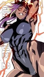 abs armpits big_breasts black_body bleach bodysuit dark-skinned_female dark_skin large_breasts muscular_female purple_hair shihouin_yoruichi tight_clothing