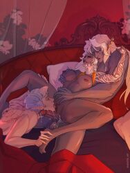 1girls 2boys after_anal after_sex arastir_art astarion baldur's_gate baldur's_gate_3 barefoot biting_lip biting_own_lip breast_grab breasts claws cum cum_in_ass cum_inside cunnilingus dark_elf drow dungeons_and_dragons elf female foot_grab foot_on_back forgotten_realms looking_pleasured male oc oral pillow pillows pleasure_face polyamory satisfied satisfied_smile sex sex_on_bed sheet smile tav_(baldur's_gate) threesome vampire
