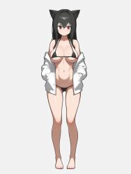 ai_generated anime bare_shoulders barefoot bikini black_hair cat_ears female hands_in_pockets large_breasts long_hair micro_bikini scarlet_eyes skinny solo thehealka white_background yumiko_yano yumiko_yano_(thehealka)