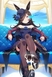 ai_generated animal_ears black_high_heels blue_sky brown_thighhighs cum_on_socks dagger feet flaming_eye foot_fetish foot_focus fur_collar hair_covering_one_eye hat_flower horse_ears horse_girl horse_tail long_sleeves looking_at_viewer mini_hat off_shoulder_dress rice_shower_(umamusume) sheath sweat tilted_headwear umamusume umamusume_pretty_derby