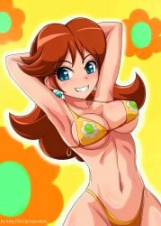 1girls armpits belly_button big_breasts big_butt bikini blue_eyes brown_hair erect_nipples_under_clothes female female_focus female_only hands_behind_head looking_at_viewer mario_(series) mario_bros naughty_face pose princess_daisy sigurdhosenfeld smile solo super_mario_bros. tight_clothing toned_stomach