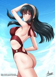 1girls adsouto ass black_hair breasts clouds earrings hairband large_breasts long_hair looking_at_viewer milf o-ring_swimsuit one-piece_swimsuit outside red_eyes red_one-piece_swimsuit red_swimsuit spy_x_family swimsuit yor_briar yor_forger