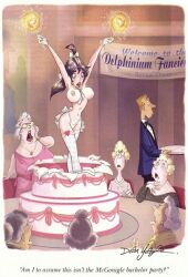 2d arms_up big_breasts black_hair blonde_hair breasts breasts_out cake dean_yeagle english_text lingerie nude nude_female older_female party surprised