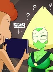 1boy 1girls big_breasts breasts cleavage clothing dialogue female gem_(species) green_skin human lars_barriga male nude nude_male peridot_(steven_universe) shortstack spakka5 steven_universe text visor