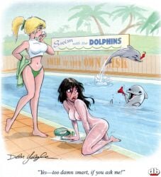 2girls bikini black_hair blonde_hair breasts breasts_out dean_yeagle dolphin green_bikini nude nude_female pool red_bikini topless water wet_body white_body