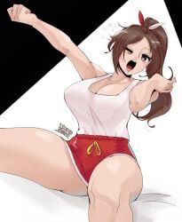 1girls bags_under_eyes bed big_breasts breasts eye_bags female king_of_fighters looking_at_viewer mai_shiranui on_bed short_shorts shorts sole_female solo_female stretching tank_top thick_thighs thighs wanderjegson yawn