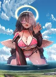 aircraft angel angel_wings anime_style belly_button bikini black_hair black_jacket blush breasts city cityscape clouds combat crouching day daytime destruction explosion giantess glasses glowing_eyes hair_accessory halo hands long_hair looking_at_viewer macrophilia meowing natsukaze_shigure ocean open_mouth pink_bikini pink_eyes pink_jacket pixiv scifi sea sigure_dd142 sky swimsuit thighs water wings