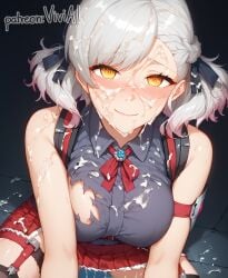 after_sex ai_generated blush bukkake cum cum_drip cum_on_body cum_on_breasts cum_on_face garter_belt garter_straps girls'_frontline looking_at_viewer ripped_clothing semen semen_on_body semen_on_face semen_on_lower_body shirt skirt spas-12_(girls'_frontline) tagme tied_hair twintails viviai white_hair yellow_eyes