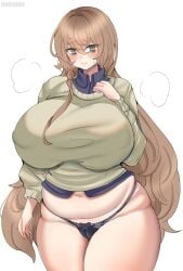 1girls blush chubby chubby_female female female_only huge_breasts human long_hair looking_at_viewer noiretox panties standing wide_hips