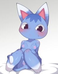 animal_crossing anthro areola biped blue_body blue_fur blush bodily_fluids breasts censor_bar domestic_cat felid feline felis female fur genitals hi_res himimi looking_at_viewer mammal multicolored_body nintendo nipples open_mouth purple_eyes pussy rosie_(animal_crossing) simple_background solo sweat sweatdrop white_body