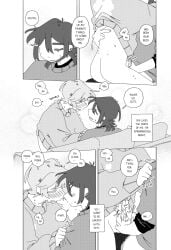 2boys ahoge arm_around_partner ass blonde_hair blush bottomless brown_hair cardigan closed_eyes comic couch couch_sex cum cum_on_hand cum_on_penis cumming_from_handjob dialogue earrings ejaculation english_text full-face_blush functionally_nude greyscale hairclip hand_on_another's_stomach imminent_orgasm juliegg kiss_mark kouta_(juliegg) looking_at_partner looking_down looking_pleasured masturbation moaning mole mole_under_eye mole_under_mouth monochrome motion_lines original pants_down partially_clothed penis precum precum_on_penis romantic romantic_couple rui_(juliegg) shirt_grab sitting sitting_on_couch smile sound_effects speech_bubble sweat thought_bubble trembling white_background wholesome yaoi