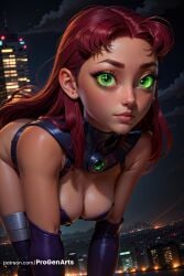 , 1girls ai_generated all_fours bare_shoulders bent_over boomerang_(tv_network) breasts cartoon_network city cleavage closed_mouth colored_skin dc dc_comics elbow_gloves freckles gloves green_eyes hi_res jewelry koriand'r leotard lips long_hair looking_at_viewer medium_breasts mole mole_on_breast night night_sky orange_skin outdoors progenarts purple_thighhighs red_hair shiny_skin sky solo starfire superhero superheroine teen_titans thighhighs warner_brothers web_address