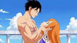 ai_generated female male male/female monkey_d_luffy muscular_male nami one_piece orange_hair tattoo