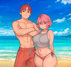 1boy 1girls abs ai_assisted ai_generated beach bikini_bottom couple curvy curvy_female female gardener_ai illustrious_(stable_diffusion) jin_enjoji large_breasts male midriff muscular_male navel ocean pink_hair plump red-tinted_eyewear shiratori_aira_(dandadan) short_hair side-tie_bikini side-tie_bikini_bottom sideboob smile stable_diffusion standing straight string_bikini swimming_trunks swimwear thick_thighs thong tight_clothing toned_male topless_male wide_hips