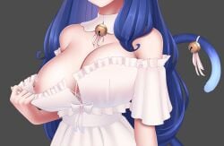 big_breasts big_nipples blue_hair breasts_focus cat_bell cat_tail catgirl dress neck_bell nipples showing_breasts snezha virtual_youtuber vtuber white_dress