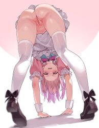 absurdres animal_ears ass bow cat_ears cat_girl cuffs downward_dog dress female from_behind frontbend highres indie_virtual_youtuber kuroi_suna long_hair looking_at_viewer looking_through_own_legs open_mouth pink_eyes pink_hair pussy simple_background solo sweat thighhighs uncensored underwear virtual_youtuber white_dress white_thighhighs white_wrist_cuffs wrist_cuffs yuuki_sakuna