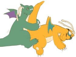 >_< ambiguous_gender ambiguous_penetration antennae_(anatomy) back_wings binkybnuuy claws closed_eyes dragonite duo eyewear feral finger_claws from_behind_position generation_1_pokemon goggles green_body looking_pleasured male nintendo penetration pokemon pokemon_(species) sex spread_wings tail tail_grab tan_underbelly thrust_lines thrusting toe_claws wings yellow_body