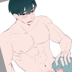 2boys abs alien_stage black_hair blush grey_hair hand_on_another's_head ivan_(alien_stage) nude open_mouth oral pectorals short_hair till_(alien_stage) yaoi yj77314