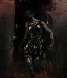 amrrr black_hair blood blood_on_hands body_horror cable collarbone cyborg cyborg_midwife exposed_internal_machinery female guro horror_(theme) indoors looking_at_viewer mechabare mechanical_legs realistic_teeth science_fiction short_hair skinned solo standing system_shock system_shock_2
