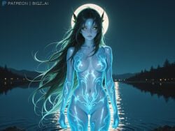 1girls absurd_res ai_generated areolae big_breasts bigz_ai black_hair blue_body blue_skin breasts completely_nude curvy curvy_figure dryad female female_only forest glowing_eyes green_eyes green_hair highres lake large_breasts light-skinned_female light_skin long_hair moon moonlight multicolored_hair naked night nipples nude nude_female nymph original_character pussy tattoo tattoo_on_chest tattoos vagina