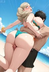 1boy 1boy1girl 1girls ai_generated ann_takamaki ass atlus beach bearhug big_ass big_breasts big_butt bikini black_hair blonde_hair blue_eyes blush breast_squish breast_sucking breasts breasts_out embarrassed eyes_rolling_back hairclip huge_ass huge_breasts looking_up lt4_ai open_mouth penis persona persona_5 persona_5_royal questionable_consent ryona self_upload squeezing stable_diffusion sweat swept_bangs swimsuit thigh_sex thigh_sex thighs twintails twitching