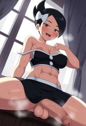 1futa abs ai_generated balls black_hair blue_eyes blush dickgirl full-package_futanari horny large_penis looking_at_viewer marley_(pokemon) nipples penis pokemon pokemon_dppt smile sweat sweatdrop testicles undressing veiny_penis