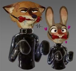 1boy1girl 33xtc anthro blush bone_gag brown_ear_tips buckteeth collar drool drool_on_face drooling ears_down eyebrows eyelashes eyes fox fox_ears furry furry_only green_eyes grey_background grey_fur half-closed_eyes heart_symbol judy_hopps latex latex_clothing latex_gloves latex_suit looking_forward malesub multiple_subs nick_wilde orange_fur petplay puppyplay purple_eyes rabbit rabbit_ears shaded shiny_clothes smaller_female submissive submissive_anthro submissive_female submissive_male training