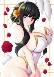 1girls black_hair breasts bunny_ears bunny_tail earrings fake_animal_ears fake_tail flower_hairband hairband hairbun large_breasts leotard looking_at_viewer milf painted_fingernails playboy_bunny red_eyes sevie seviesphere spy_x_family white_leotard yor_briar yor_forger